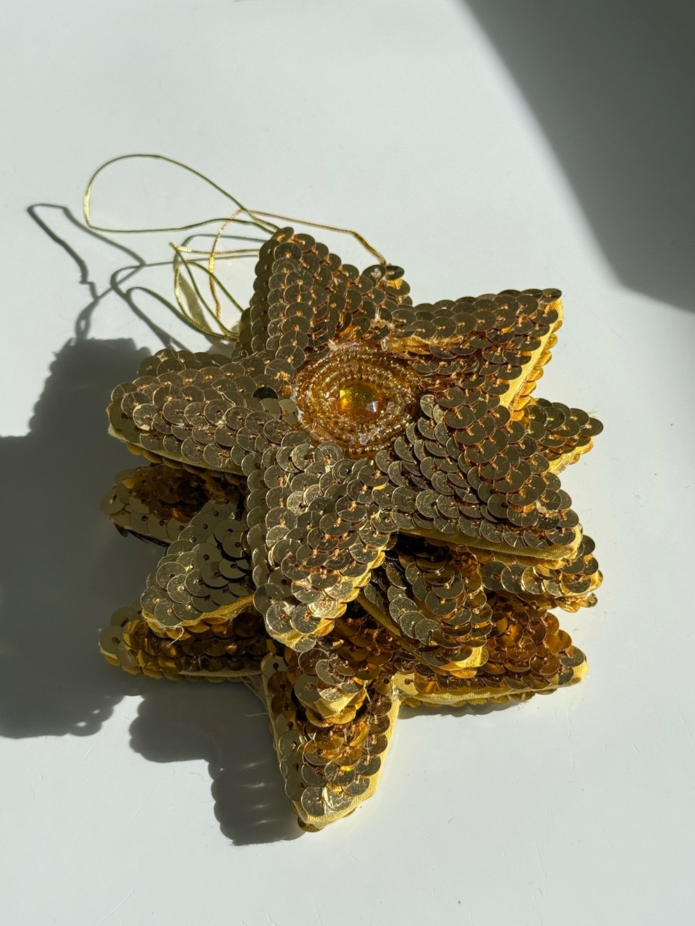 Set of 4 Gold Sequins Beaded Star Vintage Christmas Tree Ornaments